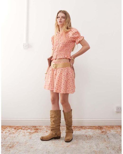 Reclaimed Vintage Pink Western Top With Shirring Detail And Puff Sleeve
