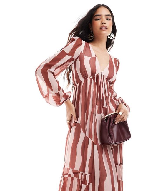 ASOS Long Sleeve V Neck Tiered Maxi Dress