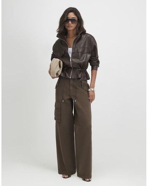 River Island Brown Faux Leather Drawstring Funnel Jacket