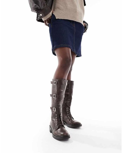 SEQWL Black Twix Buckle Detail Lace Up Knee Boots