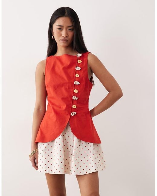 ASOS Red Linen Look Waistcoat Mini Dress With Poplin Skirt