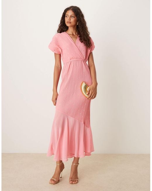 Never Fully Dressed Pink Asymmetric Drop Hem Plisse Midaxi Dress