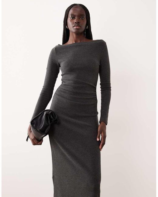 Mango Gray Boat Neck Ruched Waist Long Sleeve Maxi Dress