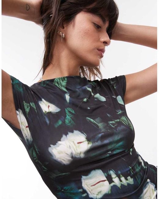 Top Con Estampado Floral Abstracto Y Mangas De Casquillo De Microfibra De -Gris TOPSHOP de color Black