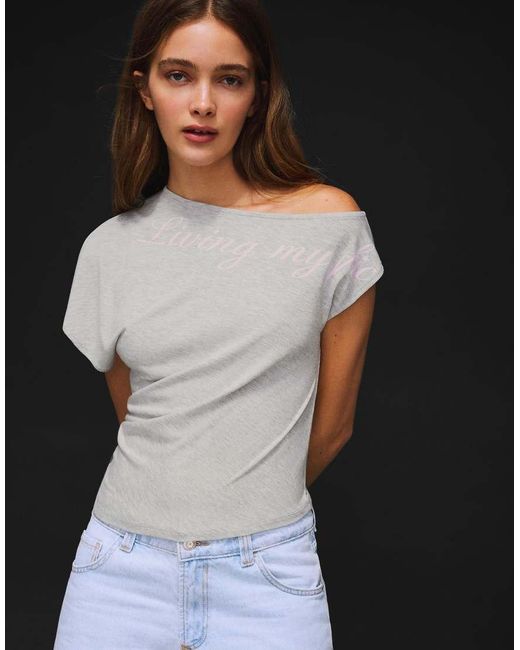 Bershka Gray Asymmetric Print Short Sleeve T-shirt