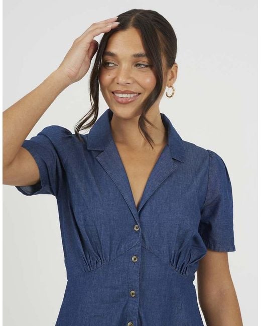 Brave Soul Blue Chambray Short Sleeve Collared Mini Dress