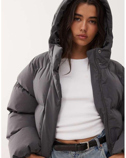 Weekday Gray Cinched Puffer Coat With Detachable Hood