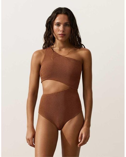 Oysho Brown Crinkle Asymmetric Trikini