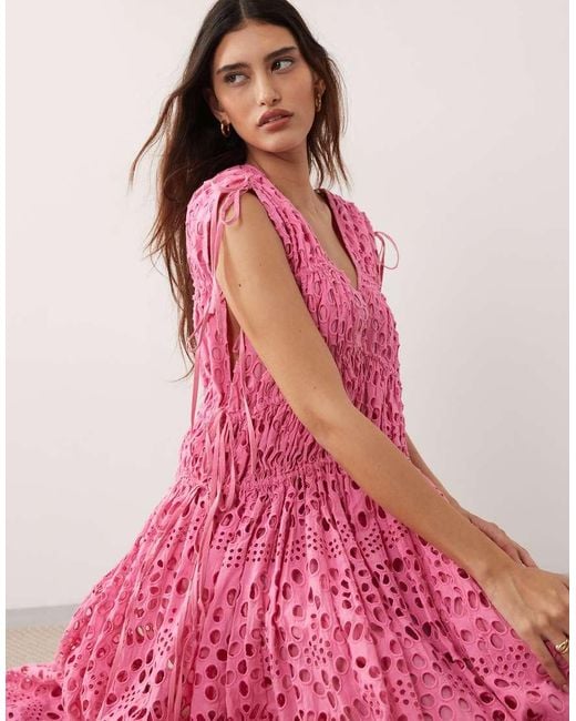 ARRANGE Pink Broderie Drawstring Detail Trapeze Maxi Dress