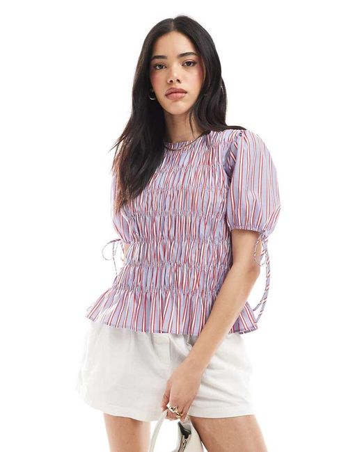 ASOS Gestreepte Top Met Pofmouwen En Smokwerk in het Pink