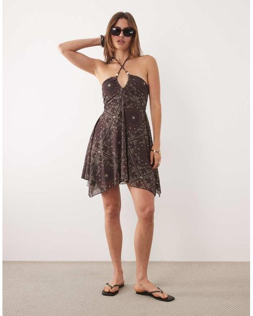 New Look Brown Halterneck Beaded Mini Dress With Hanky Hem
