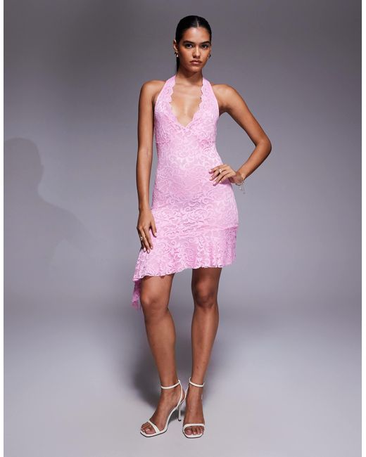 I.AM.GIA Pink – gemma – neckholder-minikleid aus baby spitze mit rüschen und asymmetrischem saum