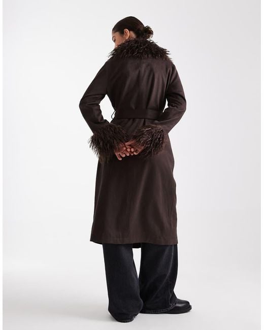 New Look Black Belted Suedette Faux Fur Mixed Coat