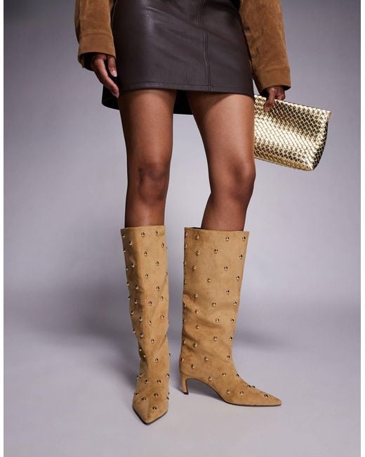River Island Brown Studded Sudette Heeled Boots