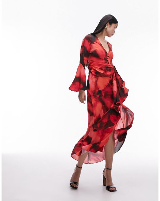 TOPSHOP Button Down V Neck Tie Front Midi Dress in Red Lyst Australia