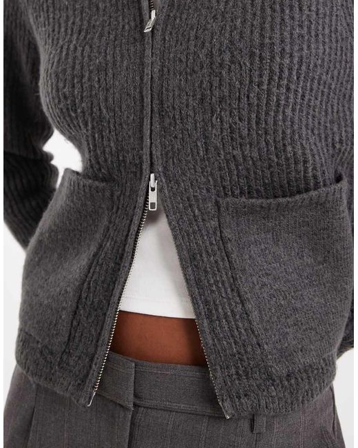 ASOS Gray Knitted Fisherman Rib Bomber Jacket With Pocket Detail