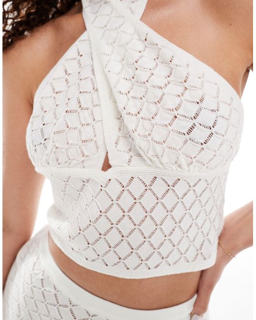 In The Style White Exclusive Crochet Knit Halterneck Cut Out Beach Top Co-ord