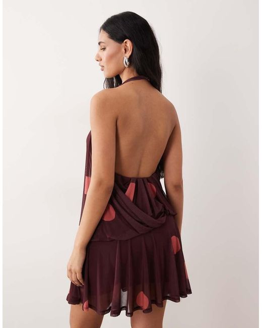 ASOS Red Printed Mesh Draped Halter Mini Dress With Blouson