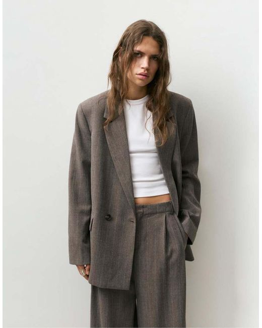 Pull&Bear Gray Striped Double-breasted Blazer