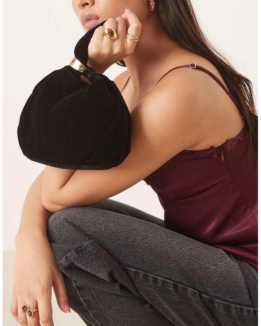 Mango Black Velvet Pouch Bag With Gold Accent