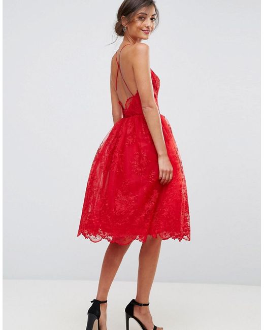 Chi Chi London High Neck Scalloped Lace Dress in Red | Lyst