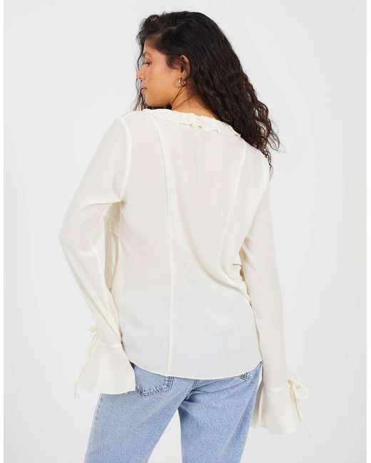 Brave Soul White Long Sleeve Mesh Ruffle Tie Front Blouse