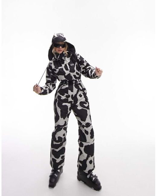 TOPSHOP Black Sno Cow Print Ski Suit With Hood