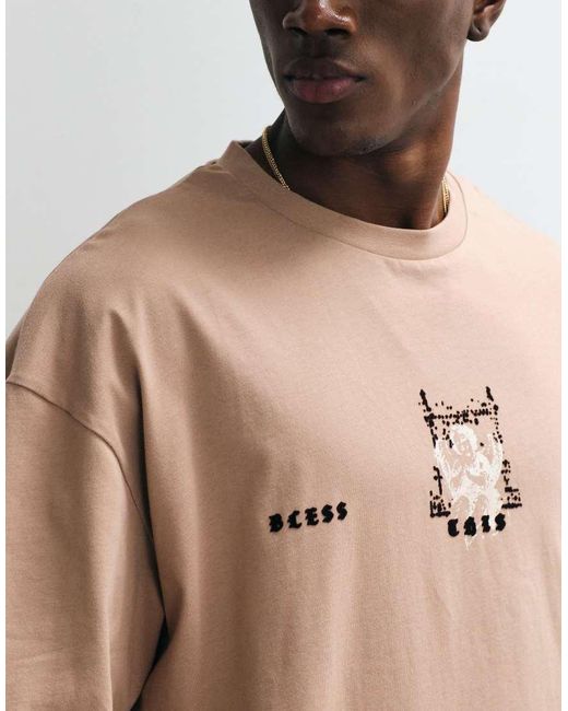 River Island Natural Oversized Flocked Renaissance Print T-shirt for men