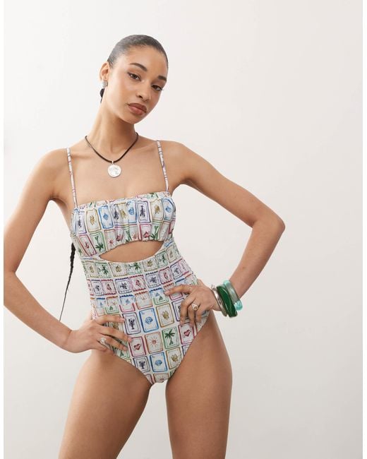 Reclaimed (vintage) White Swimsuit With Shirred Waist And Cut Out Detail