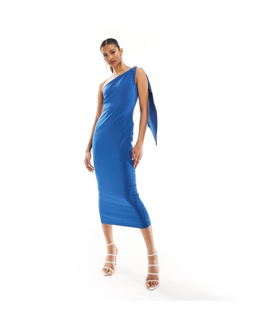 Exclusivité - robe asymétrique longueur mollet à détail drapé Vesper en coloris Blue