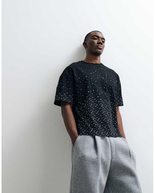 CERNUCCI Blue 100% Cotton Boxy Oversized-Fit Rhinestone Embellished T-Shirt for men