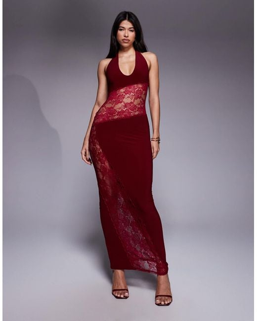 ASOS Scoop Front Lace Insert Maxi Dress in Red | Lyst
