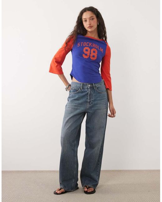 ASOS Blue Quarter Raglan Sleeve T-shirt With 04 Graphic Top