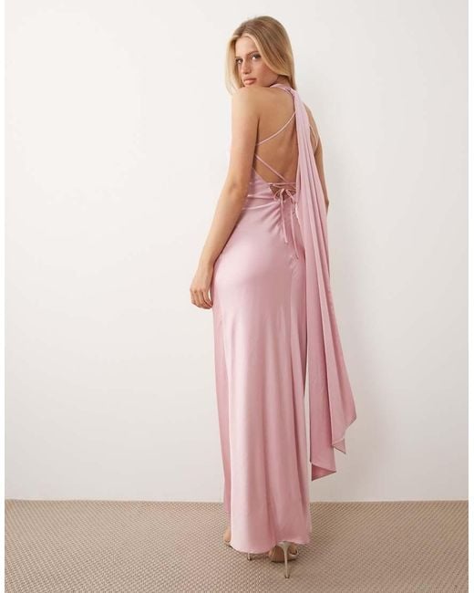 TFNC London Pink Bridesmaids Satin V Neck Lace Up Open Back Detail Scarf Neck Maxi Dress