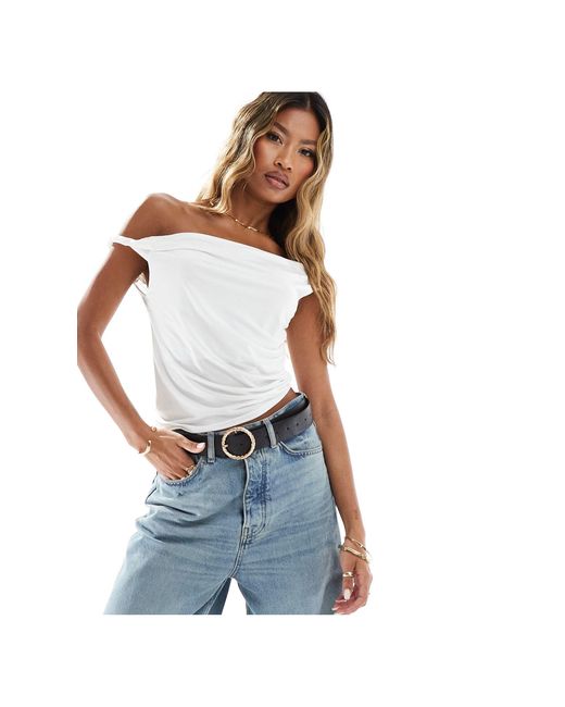 ASOS White Slinky Twisted Off The Shoulder Asymmetric Top