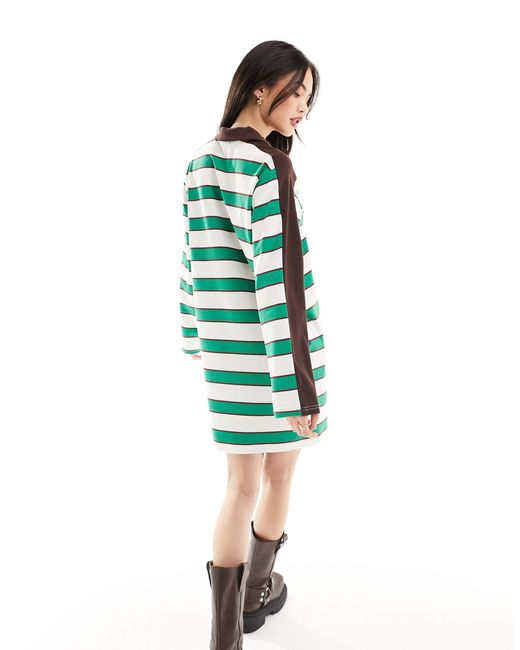 Urban Revivo Green Striped Collegiate Mini Polo Shirt Dress
