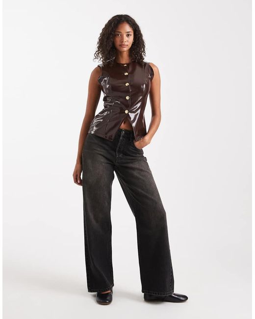 ASOS Brown High Shine Faux Leather Button Front Waistcoat