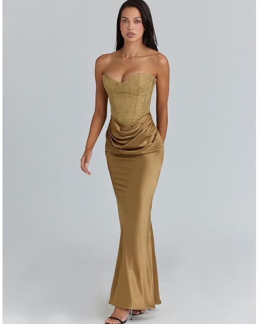 House Of Cb Metallic Aurelia Bronze Brocade Satin Corset Maxi Dress