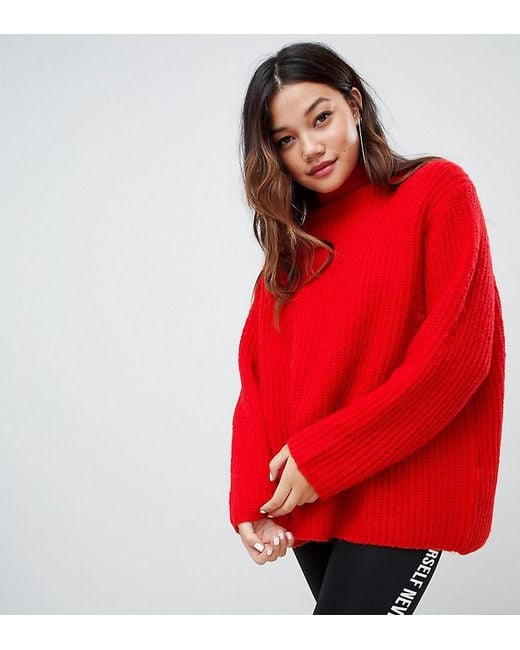 Bershka Chunky Ribbed Knit Roll Neck Sweater in Red | Lyst