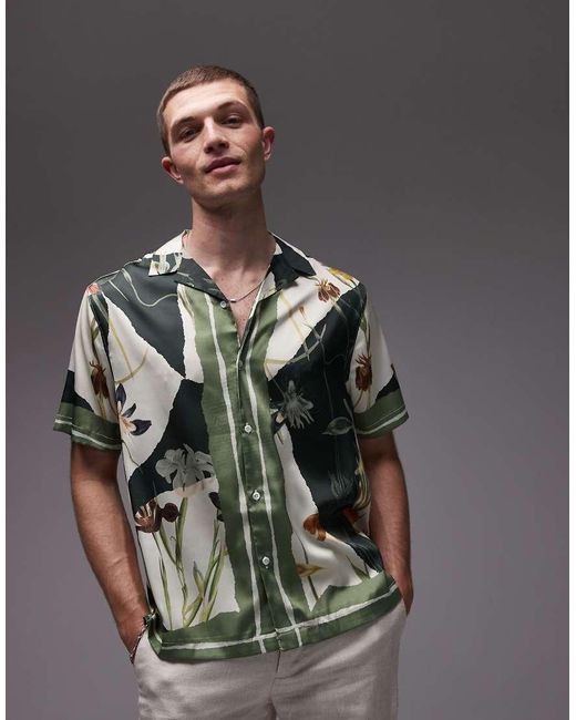 Topman Gray Short Sleeve Satin Printed Shirt for men