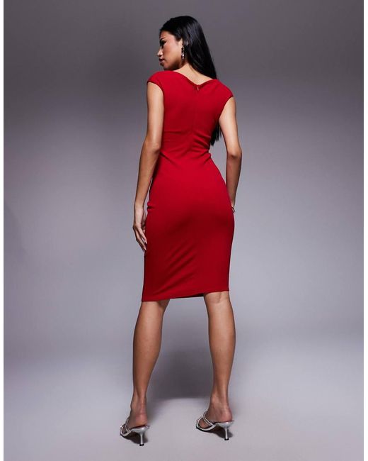 Goddiva Red Bardot Pleated Midi Dress