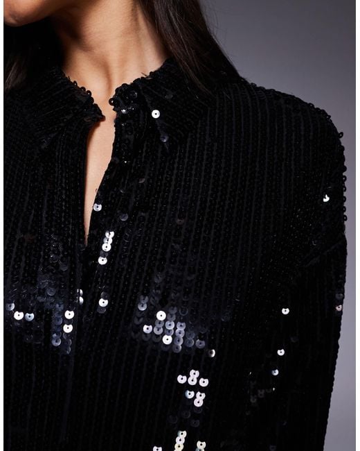 Kaiia Black Exclusive Premium Sequin Oversized Shirt Mini Dress