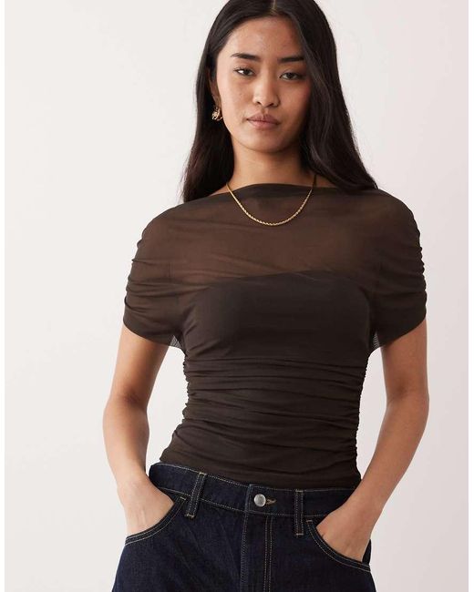 Nia Black Yale Mesh Boat Neck Bandeau Style Top