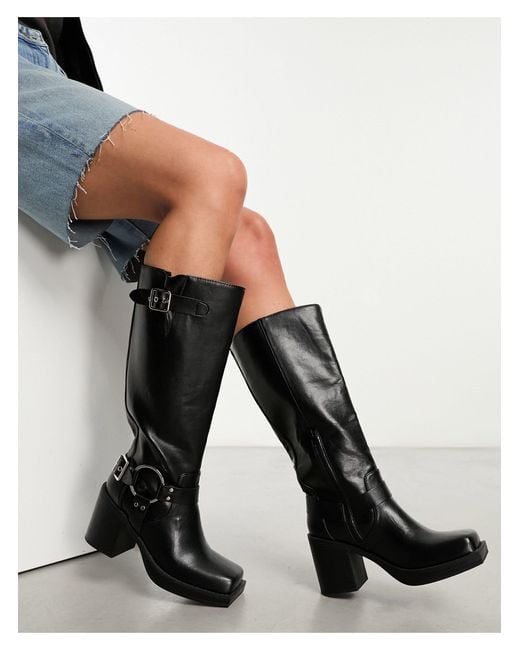 Daisy Street Black Harness Knee Boots