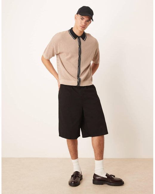 ASOS Natural Relaxed Boxy Fit Airtex Knitted Button Through Polo With Contrast Collar for men