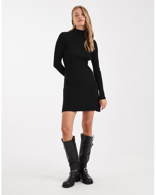 ASOS Black Knitted Fine Gauge Mini Dress With Rib Detail