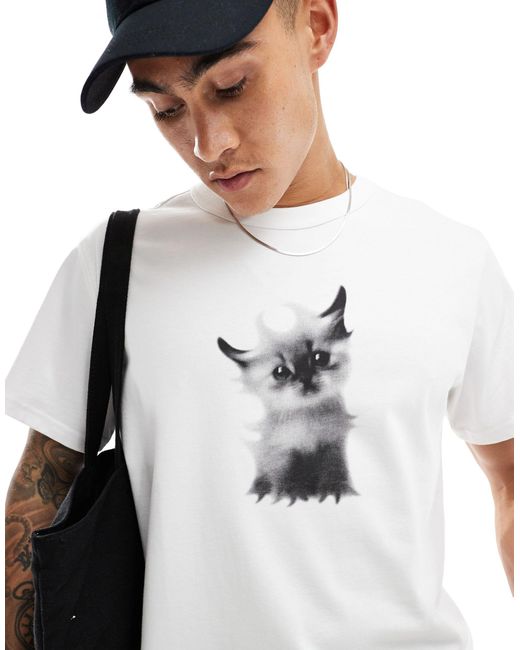 Toby - t-shirt coupe carrée à imprimé chaton Weekday pour homme en coloris White