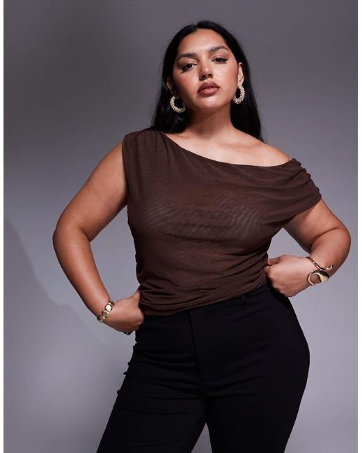 ASOS Gray Asos Design Curve Mesh Ruched Asymmetric Top