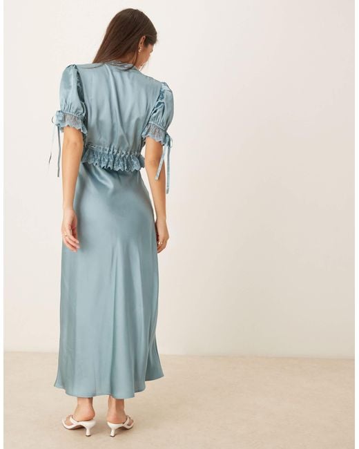 ASOS Blue Puff Sleeve 2-in-1 Satin Midi Tea Dress With Lace Trims