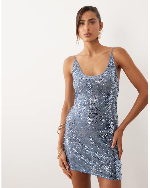 ASOS Blue Embellished Sheer Scattered Sequin Cami Mini Dress